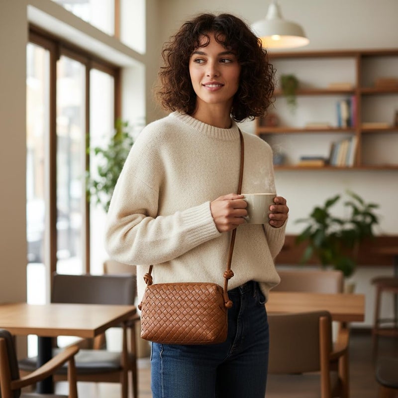 Sumrains Woven Crossbody Bag for Women: Classic Handwoven Vegan Leather Bag - Effortless Minimalist & Compact for Daily Wear (Brown) - Image 2