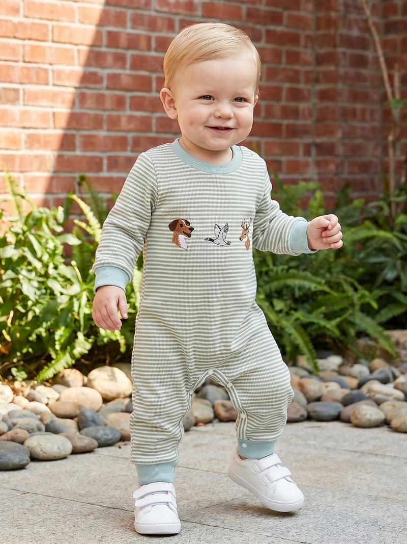 Baby Boy Romper Long Sleeve Round Neck Stripes Print Jumpsuit Newborn Footless Pajamas - Image 1