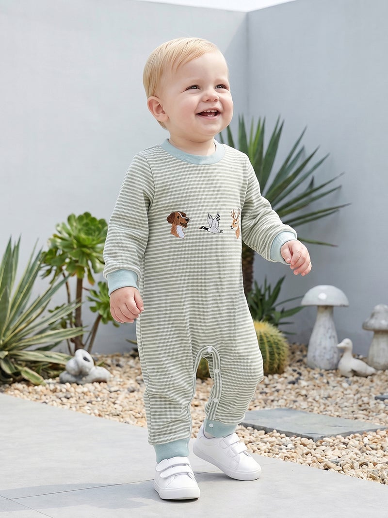 Baby Boy Romper Long Sleeve Round Neck Stripes Print Jumpsuit Newborn Footless Pajamas - Image 3