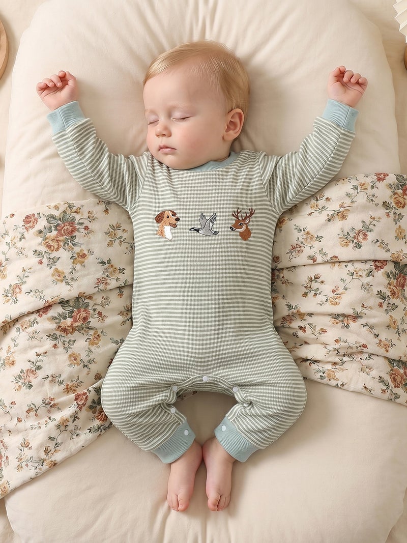 Baby Boy Romper Long Sleeve Round Neck Stripes Print Jumpsuit Newborn Footless Pajamas - Image 2