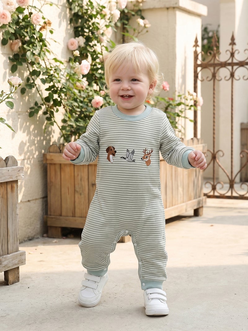 Baby Boy Romper Long Sleeve Round Neck Stripes Print Jumpsuit Newborn Footless Pajamas - Image 4