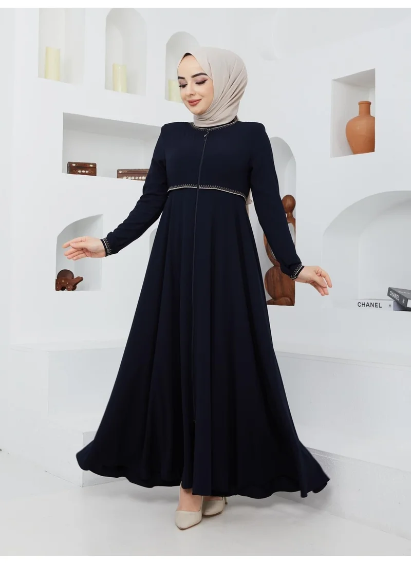 Kmk Kombin KMK Combined Summer Mevlana Model Sleeve and Waist Patterned Flared Abaya Topcoat