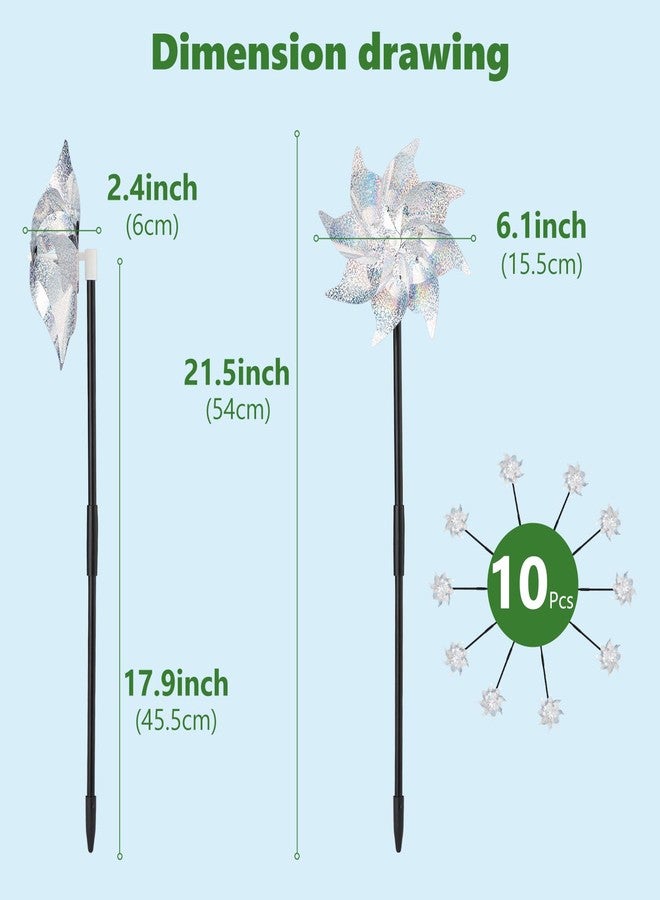 BATTIFE 10 Pack Reflective Pinwheels with Stakes, Pre-Installed Sparkly Silver Wind Spinner, Decorative Pin Wheel Bird and Animal Deterrent for Garden, Yard, Lawn - Image 3