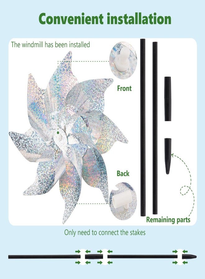 BATTIFE 10 Pack Reflective Pinwheels with Stakes, Pre-Installed Sparkly Silver Wind Spinner, Decorative Pin Wheel Bird and Animal Deterrent for Garden, Yard, Lawn - Image 2