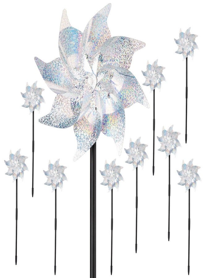 BATTIFE 10 Pack Reflective Pinwheels with Stakes, Pre-Installed Sparkly Silver Wind Spinner, Decorative Pin Wheel Bird and Animal Deterrent for Garden, Yard, Lawn - Image 1