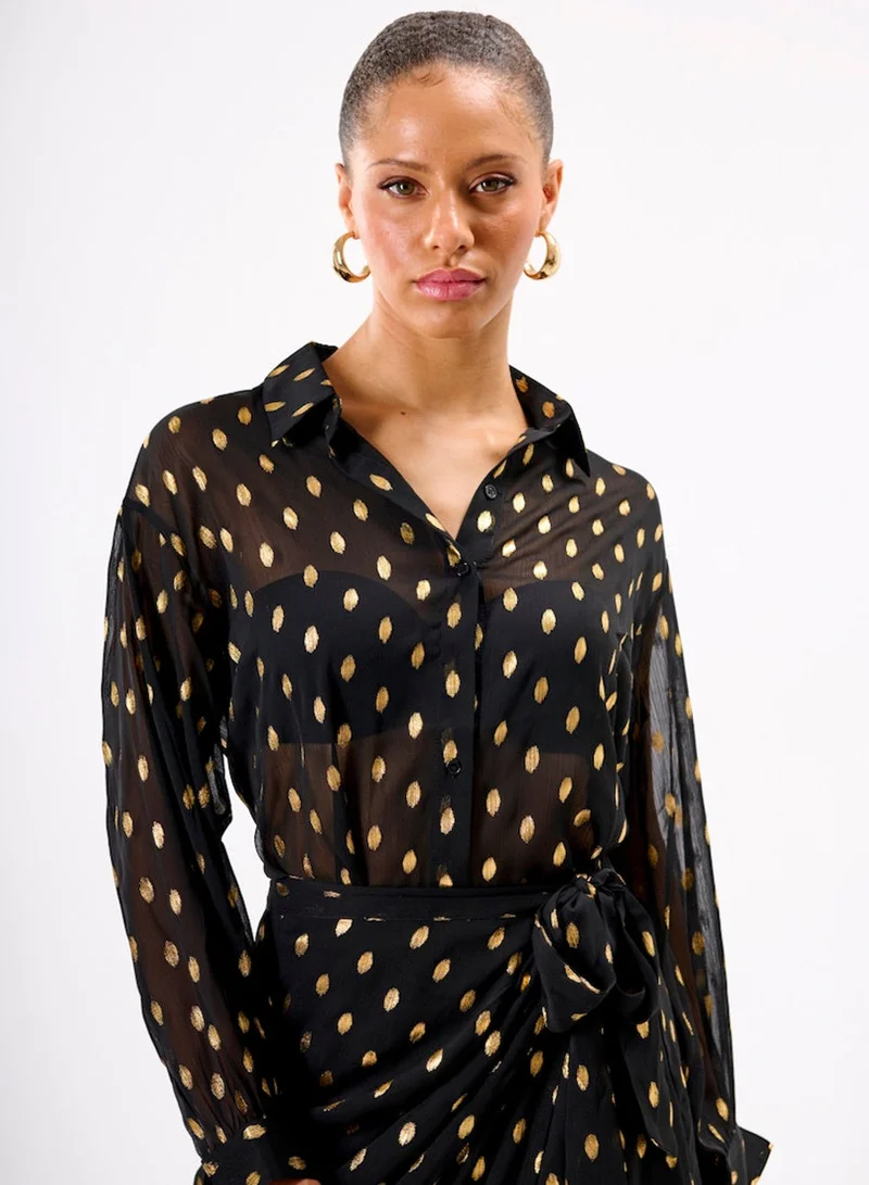 Black Foil Chiffon Oversize Co-ord Shirt