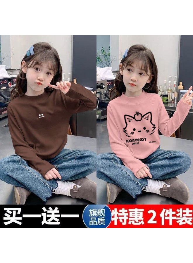 Girls' Double-sided Velvet Long-sleeved T-shirt New Medium And Large Children's Outer Wear Pullover Half Turtleneck Warm Base Layer Shirt