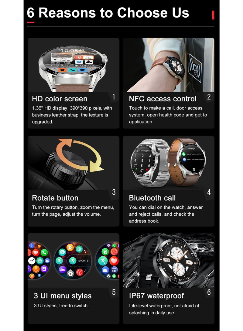 SK7 Men's Smartwatch, Business Smartwatch, 30-meter Water Resistant Fitness Watch, Bluetooth Calling, Compatible with Android and iOS Systems, Men's Smartwatch, Zinc Alloy Vacuum Plating, Heart Rate Monitoring, Silver - Image 5