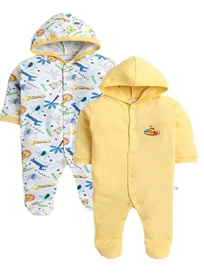 Mini Berry Front Open Full Sleeves Sleepsuit Hooded with Foot Easy Dressing and Diapering Romper Set of 2 (Yellow, 3 Months-6 Months) - Image 1