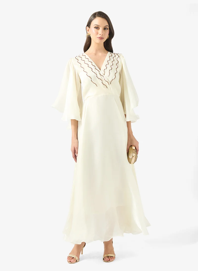 Dress With Emebllished Neck & Flouncy Sleeves