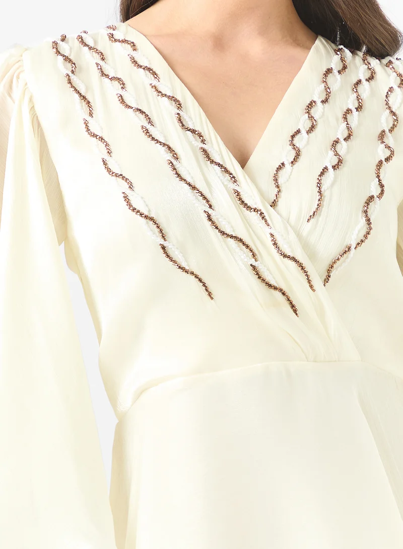 Namshi x  Dress With Emebllished Neck & Flouncy Sleeves for Women | Best Price UAE