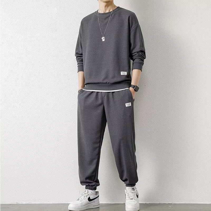 Spring and Autumn 2024 New Mens Long Sleeve Sweat Trousers Waffley Casual Sports Student Youth Loose suit dark gray 