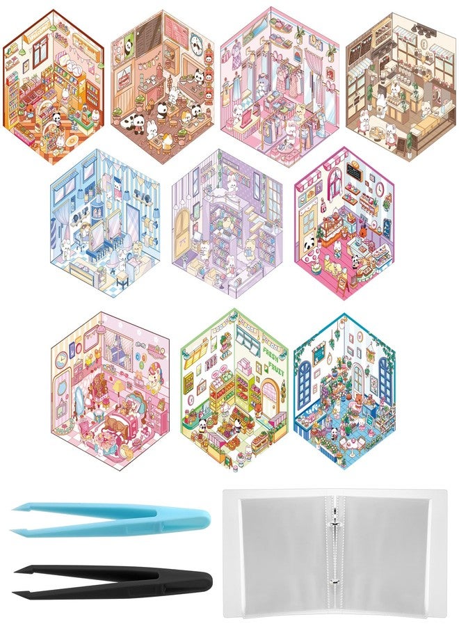RoundFunny 10 Sets DIY 3D Sticker Scene, Sticker Scenes with House Stickers Suitable Storage Book for Adult Relief Stress Pass The Time, Make Your Own - Image 1