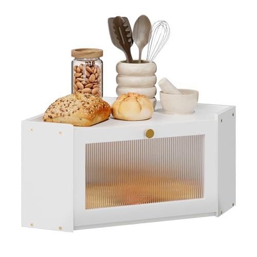 Trironsun Corner Bamboo Bread Box for Kitchen Counter Large Capacity Rustic Bread Storage Container with Wavy Arcylic Transparent Door Vintage Storage for Homemade Bread (White) - Image 1