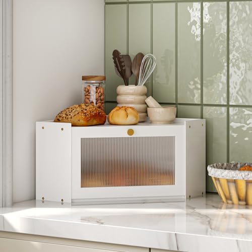 Trironsun Corner Bamboo Bread Box for Kitchen Counter Large Capacity Rustic Bread Storage Container with Wavy Arcylic Transparent Door Vintage Storage for Homemade Bread (White) - Image 2