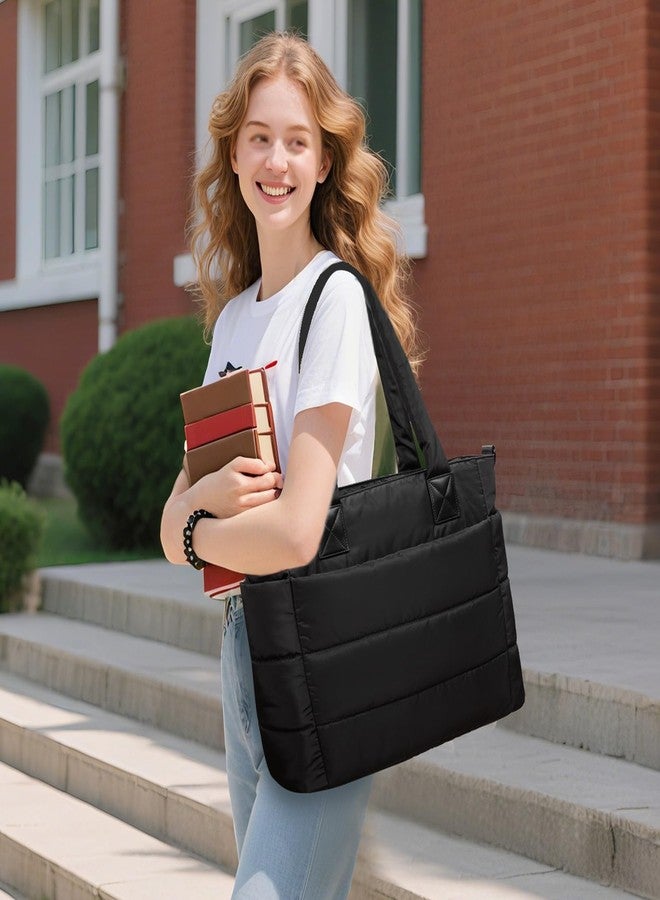 GASSDA Tote Bag for Women Puffer Tote Bag Large Quilted Nurse Bag with Zipper for Work Travel, Black - Image 3