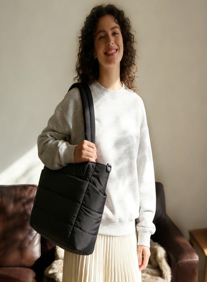 GASSDA Tote Bag for Women Puffer Tote Bag Large Quilted Nurse Bag with Zipper for Work Travel, Black - Image 2