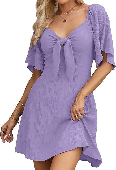 European and American Export Cross-Border Summer Womens V-Neck Bow Tie Short-Sleeved Pullover Lotus Leaf Sleeve Mini Dress Purple