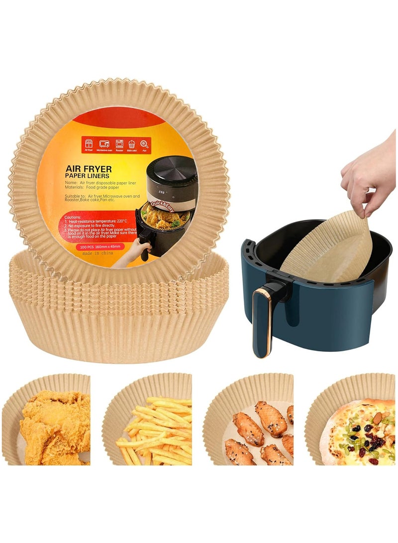 ECVV 100 Pieces Air Fryer Disposable Paper Liner, Round Non-stick Oil-proof Waterproof Parchment Liners With Silicone Lining, For Baking Frying Microwave Steam, 6.3 Inch | Brown - Image 1