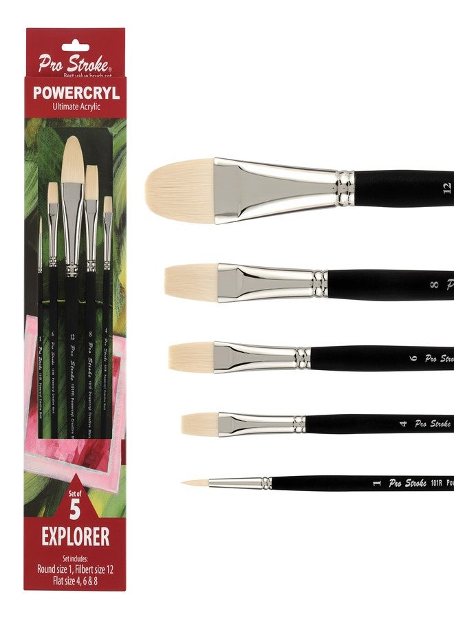 Creative Mark Pro-Stroke Powercryl Acrylic Paint Brushes - Explorer Value Set of 5 Assorted Shapes, Synthetic Brushes for Artists, Seamless Nickel-Plated Ferrules, Matte Black Handle, Soft-Touch Grip - Image 1