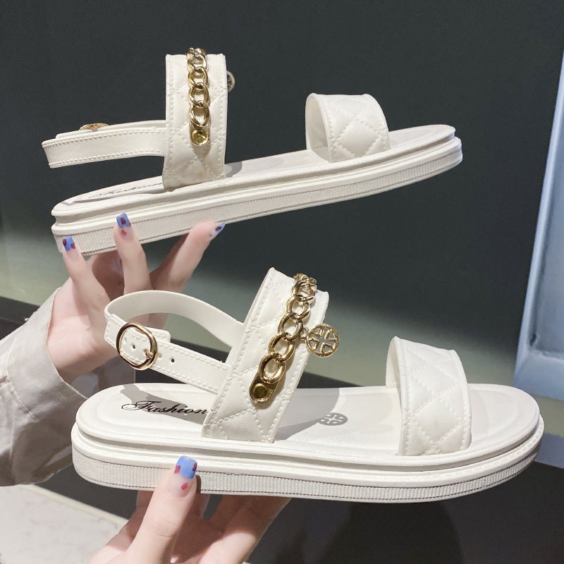 Sandals and slippers women's summer fashion fairy style all-match buckle gold chain outside wear non-slip cross-border foreign trade Wholesale 1588 chain White  - Image 5