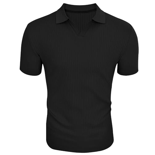 Gnvviwl Men's Muscle V Neck Polo Shirts Slim Fit Short Sleeve Cotton Golf T-Shirts Ribbed Knit Soft Tees Black - Image 2