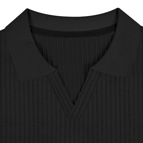 Gnvviwl Men's Muscle V Neck Polo Shirts Slim Fit Short Sleeve Cotton Golf T-Shirts Ribbed Knit Soft Tees Black - Image 3