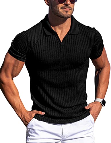 Gnvviwl Men's Muscle V Neck Polo Shirts Slim Fit Short Sleeve Cotton Golf T-Shirts Ribbed Knit Soft Tees Black - Image 1