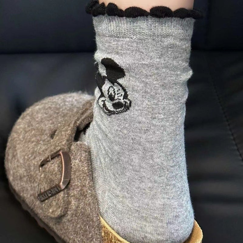 Cute Mickey Minnie Cartoon Mid-Calf Socks Gray  - Image 5