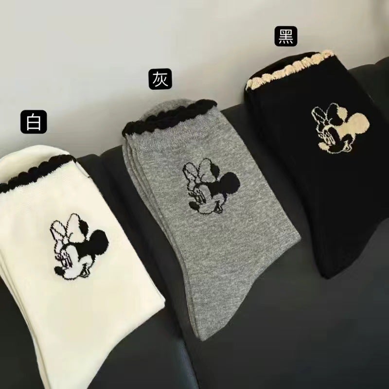 Cute Mickey Minnie Cartoon Mid-Calf Socks Gray  - Image 2