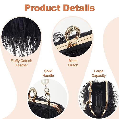 Suhatjia Women Pure Natural Ostrich Feather Fluffy Evening Clutch Purse Suitable for Party,Wedding,Tea Party Clutch Handbag (Black Feather) - Image 3
