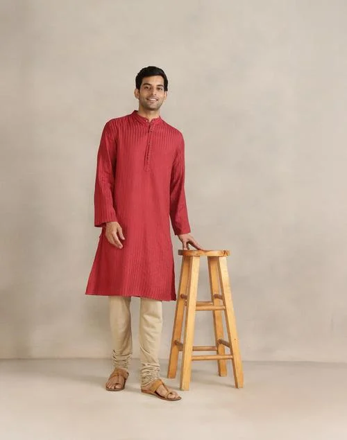 Fabindia Red Viscose Blend Dobby Long Kurta