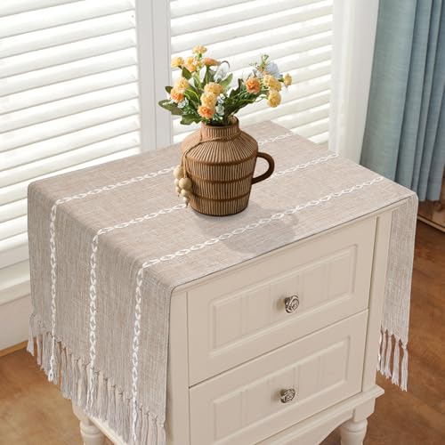 tiosggd Coffee Table Runner 15x 48 inches Long, Wide Farmhouse Neutral Table Cover Short, Linen Rustic Dresser Runners Cover Top for Bedroom, Nightstand, End Table, Boho Spring Summer Table Decor - Image 2