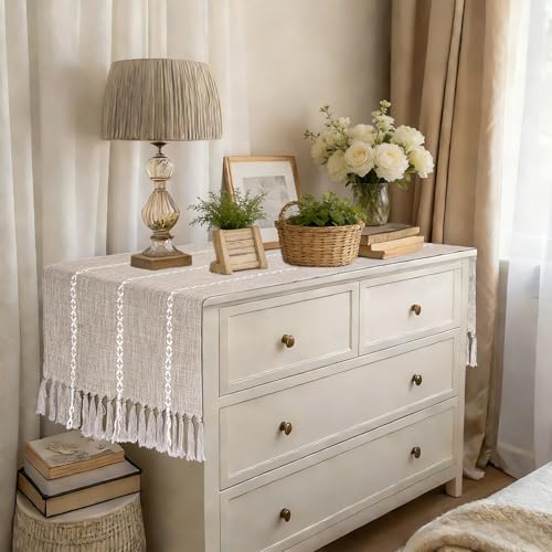 tiosggd Coffee Table Runner 15x 48 inches Long, Wide Farmhouse Neutral Table Cover Short, Linen Rustic Dresser Runners Cover Top for Bedroom, Nightstand, End Table, Boho Spring Summer Table Decor - Image 1