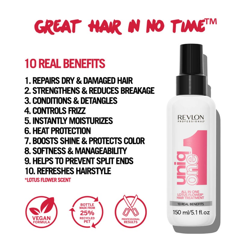REVLON PROFESSIONAL UniqOne Hair Treatment, Moisturizing Leave-In Product, Repair For Dry and Damaged Hair, Promotes Healthy Hair, Lotus Flower Fragrance, 5.1 Fl Oz (Pack of 1) - Image 3