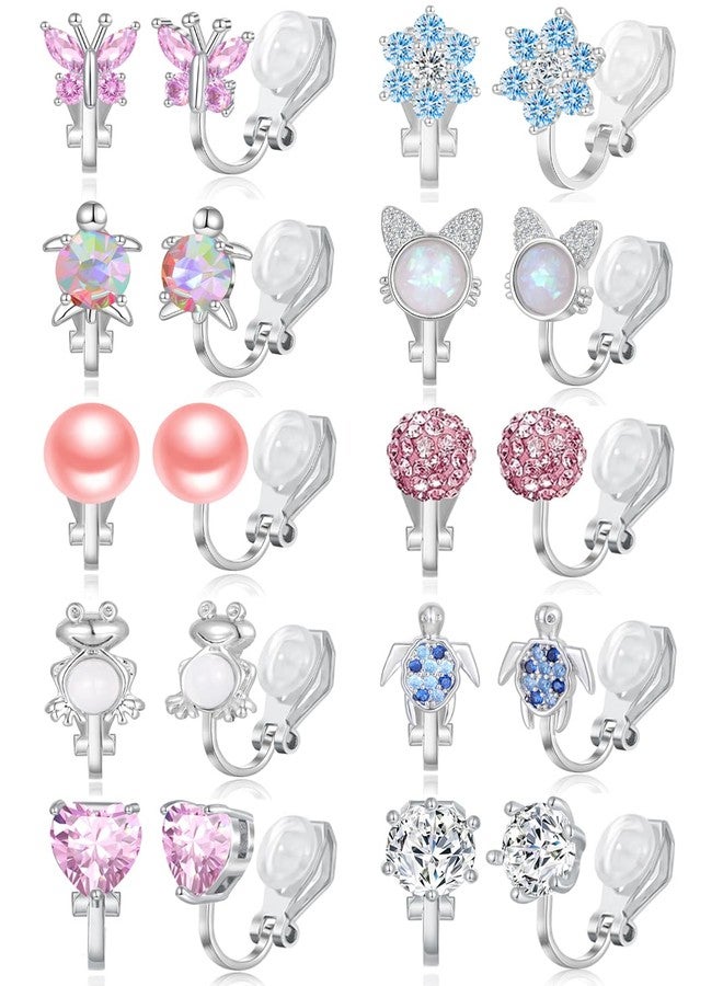 Tornito 10 Pairs Cute Clip on Earrings Butterfly Heart Flower Star Tortoise Cat Opal CZ Clip on Earrings Multicolored Non-Pierced Earrings Set for Women - Image 1