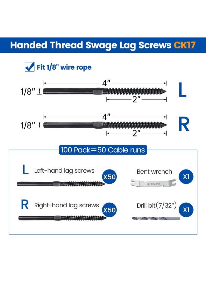 Muzata 100 Pack 1/8" Black Cable Railing Hardware Kit Swage Lag Screws Left and Right Handed Thread for Wood Post T316 Stainless Steel Deck Cable Railing System 50 Pairs CK17 - Image 2