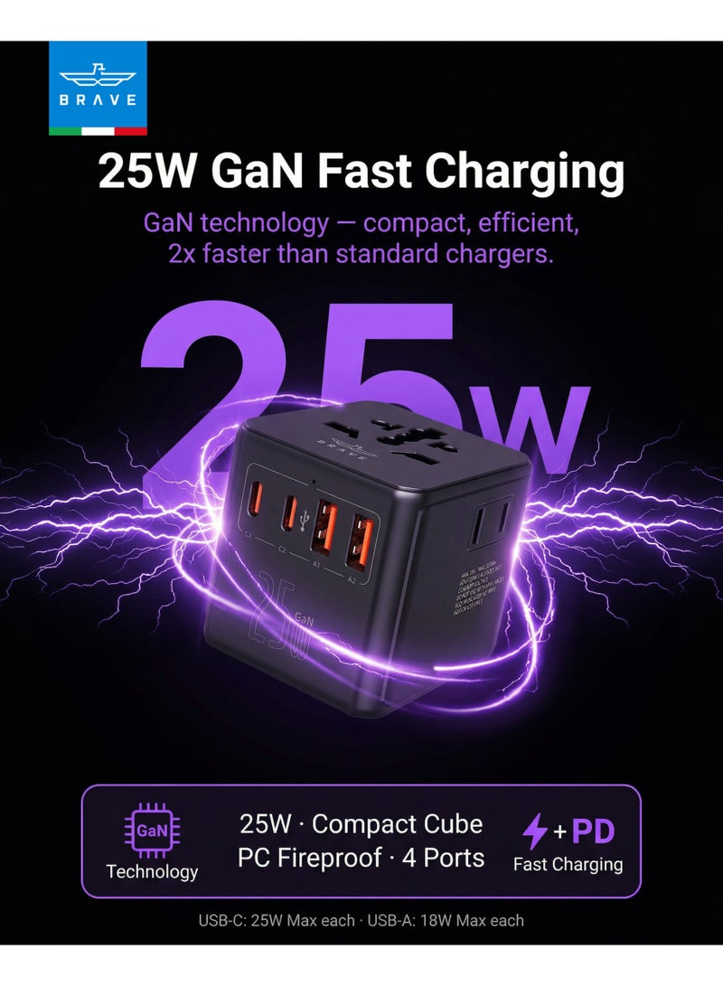 Brave Universal Travel Adapter 7-in-1 25W Fast Charger for Dubai UAE, Saudi Arabia KSA, Qatar, Kuwait, Bahrain, Oman, Egypt, Turkey, France, Germany, China, India – Worldwide Multi Plug (UK US EU AU) Type G/A/C/I/E/F/B with USB-C & USB-A, International Power Adapter for iPhone, Samsung & Tablet, Smart Safe Charging - Image 2