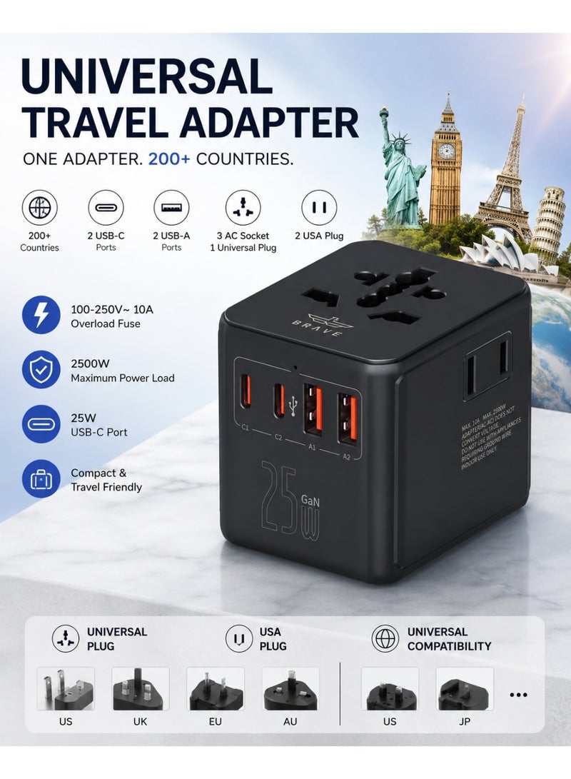Brave Universal Travel Adapter 7-in-1 25W Fast Charger for Dubai UAE, Saudi Arabia KSA, Qatar, Kuwait, Bahrain, Oman, Egypt, Turkey, France, Germany, China, India – Worldwide Multi Plug (UK US EU AU) Type G/A/C/I/E/F/B with USB-C & USB-A, International Power Adapter for iPhone, Samsung & Tablet, Smart Safe Charging - Image 1