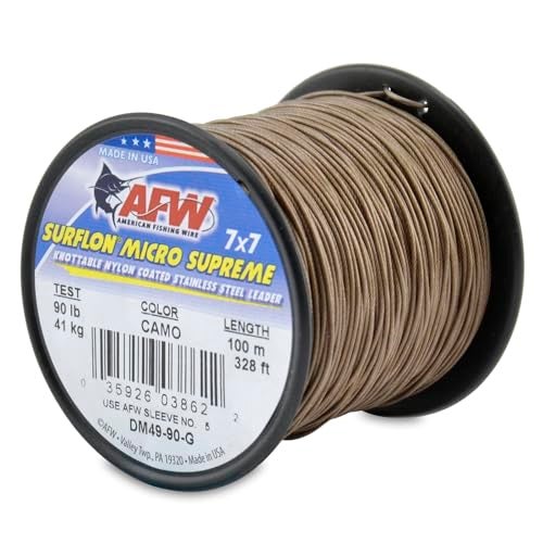 AFW American Fishing Wire Surflon Micro Supreme Nylon Coated 7x7 Stainless Steel Leader Wire 90 lb Test 036 Diameter Camo 100 m - Image 1