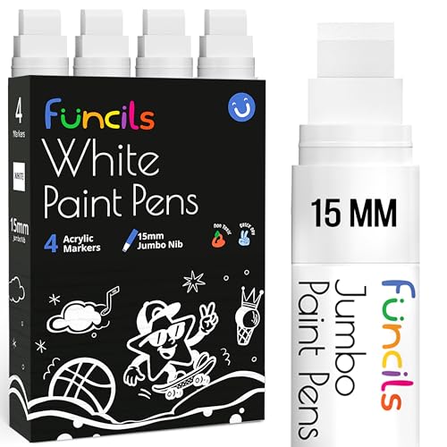 Funcils 4 Jumbo White Paint Pen - 15mm Wide Tip, Poster Markers for Wood, Rock Painting, Plastic, Glass, Metal, Walls, Fabric - Large Thick Permanent Acrylic Paint Markers for Signs, Board, Teachers - Image 1