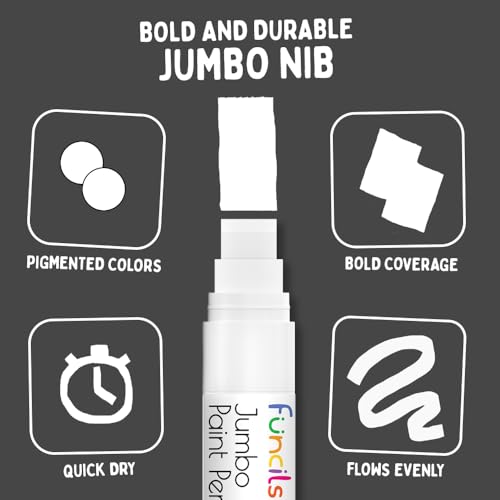 Funcils 4 Jumbo White Paint Pen - 15mm Wide Tip, Poster Markers for Wood, Rock Painting, Plastic, Glass, Metal, Walls, Fabric - Large Thick Permanent Acrylic Paint Markers for Signs, Board, Teachers - Image 2