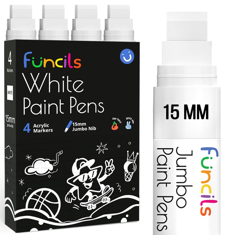 Funcils 4 Jumbo White Paint Pen - 15mm Wide Tip, Poster Markers for Wood, Rock Painting, Plastic, Glass, Metal, Walls, Fabric - Large Thick Permanent Acrylic Paint Markers for Signs, Board, Teachers - Image 4