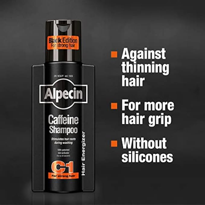 Alpecin CAFFEINE SHAMPOO C1 BLACK EDITION, MEN'S NATURAL HAIR GROWTH SHAMPOO FOR THINNING HAIR WITH NIACIN, MENTHOL, AND CASTOR OIL, 8.45 FL. OZ. - Image 2