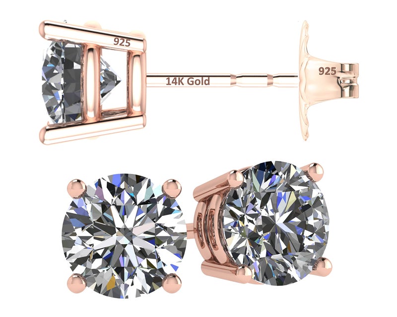 Central Diamond Center 14K Solid Gold Post & Sterling Silver 4 Prong CZ Stud Earrings - Rose Gold Plated - 5.25mm - 1.00cttw - Image 1