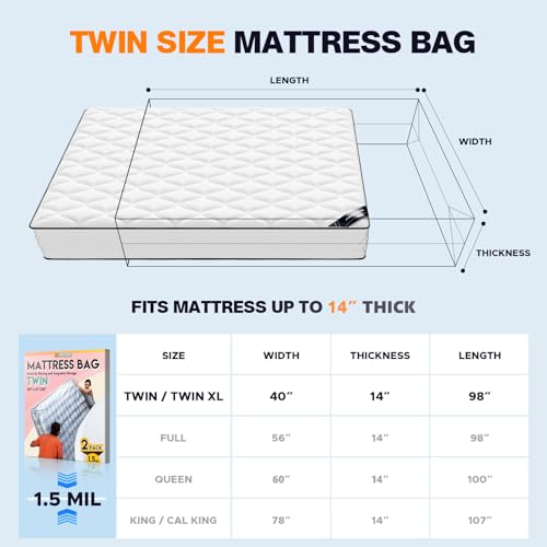Axgatoxe 2PC Plastic Mattress Bag for Moving Storage, Waterproof Mattress Cover, Mattress Protector for Moving Supplies - Twin Size (1.5MIL) - Image 2