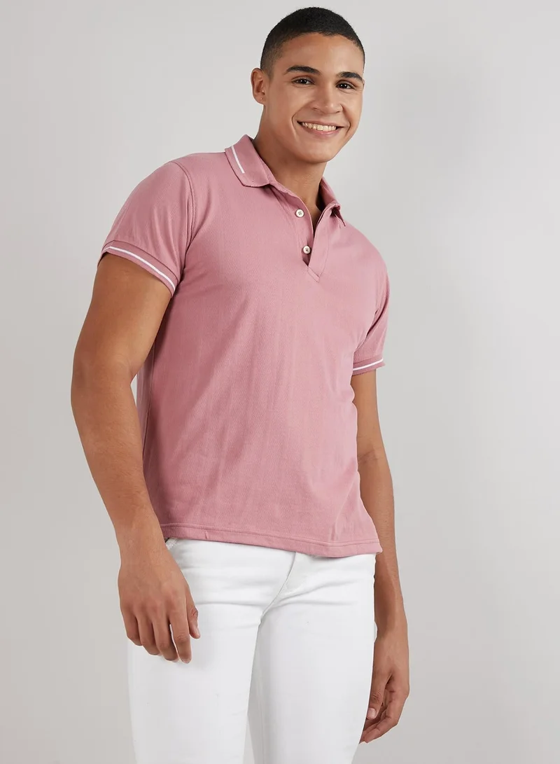 Men's Coral Pink Self-Design Halo Striped T-Shirt