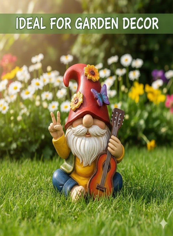 تمثال قزم الحديقة GoGnome بعلامة السلام، ديكور موسيقي مرح على شكل قزم يعزف على الجيتار - زينة حديقة من الراتنج مقاس 6 بوصات، هدية فريدة لتدفئة المنزل لمحبي الموسيقى والبستانيين (أحمر) - Image 5