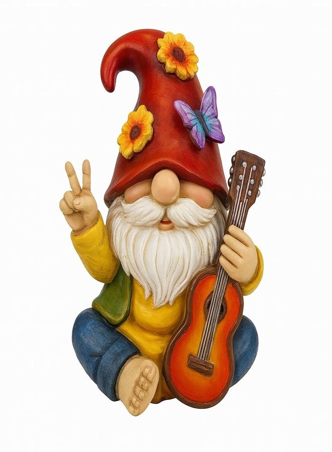 تمثال قزم الحديقة GoGnome بعلامة السلام، ديكور موسيقي مرح على شكل قزم يعزف على الجيتار - زينة حديقة من الراتنج مقاس 6 بوصات، هدية فريدة لتدفئة المنزل لمحبي الموسيقى والبستانيين (أحمر) - Image 1