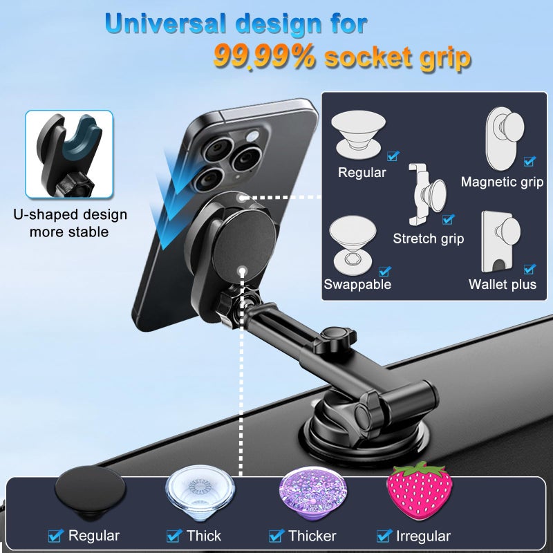 JCTRIWAY for Pop Socket Car Mount, Suction Cup Socket Grip Holder for Car with Strong 3M Sticky Adhesive, Dashboard Windshield Car Phone Holder Works for Popsocket, Fits All Smartphones with Pop Grip - Image 3